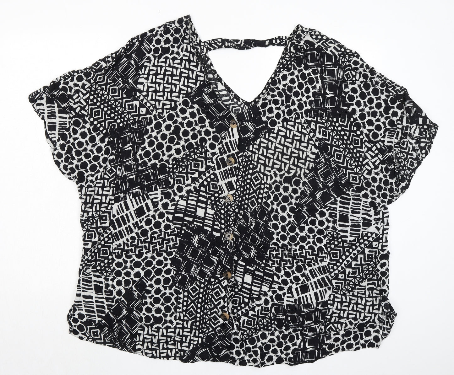 M&Co Womens Black Geometric Viscose Basic Blouse Size 24 V-Neck