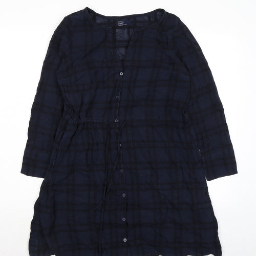 Gap Womens Blue Plaid Chlorofibre Trapeze & Swing Size S V-Neck Button - Drawstring Waist