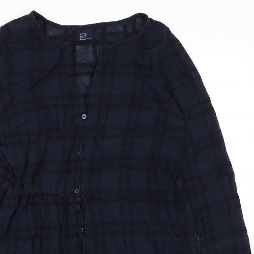 Gap Womens Blue Plaid Chlorofibre Trapeze & Swing Size S V-Neck Button - Drawstring Waist