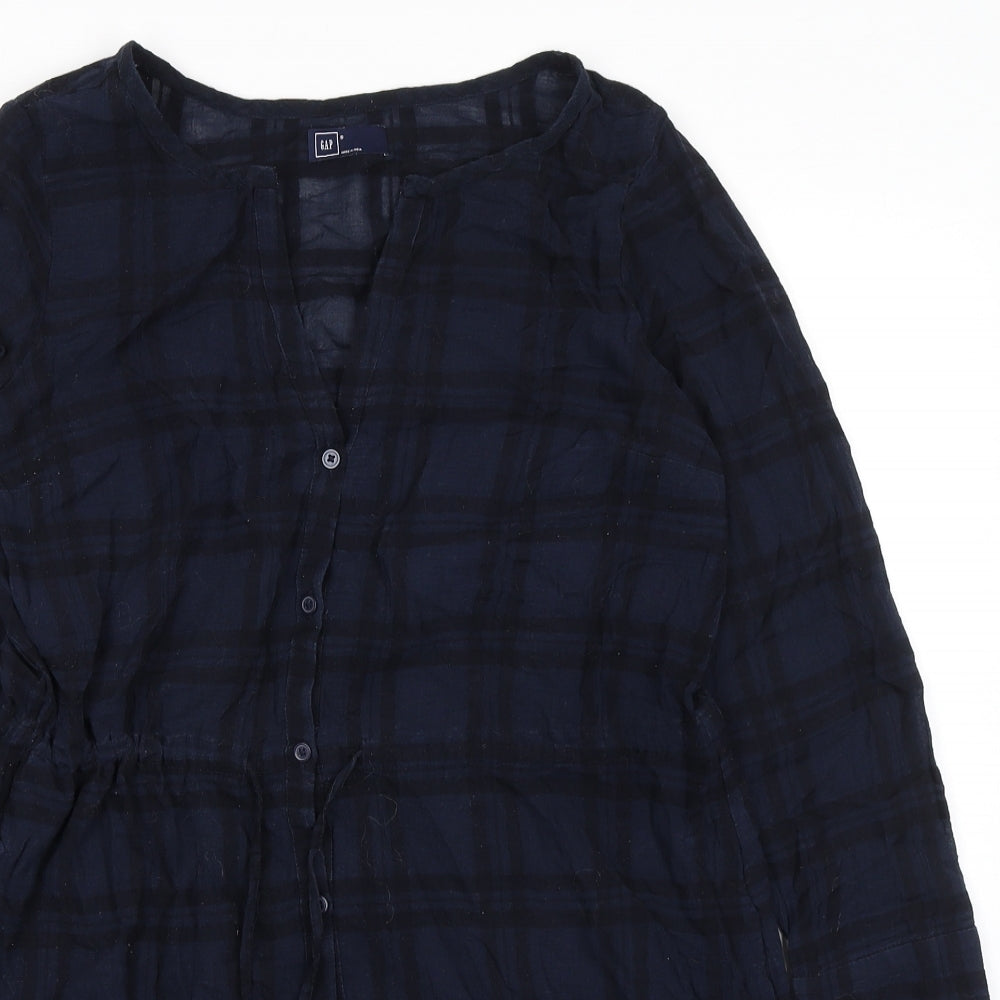 Gap Womens Blue Plaid Chlorofibre Trapeze & Swing Size S V-Neck Button - Drawstring Waist