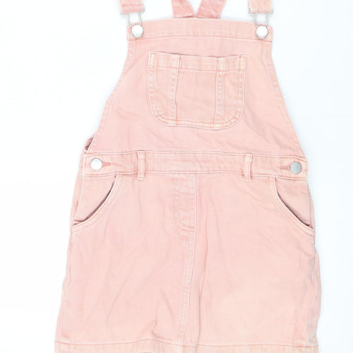 NEXT Girls Pink 100% Cotton Pinafore/Dungaree Dress Size 7 Years Square Neck Buckle