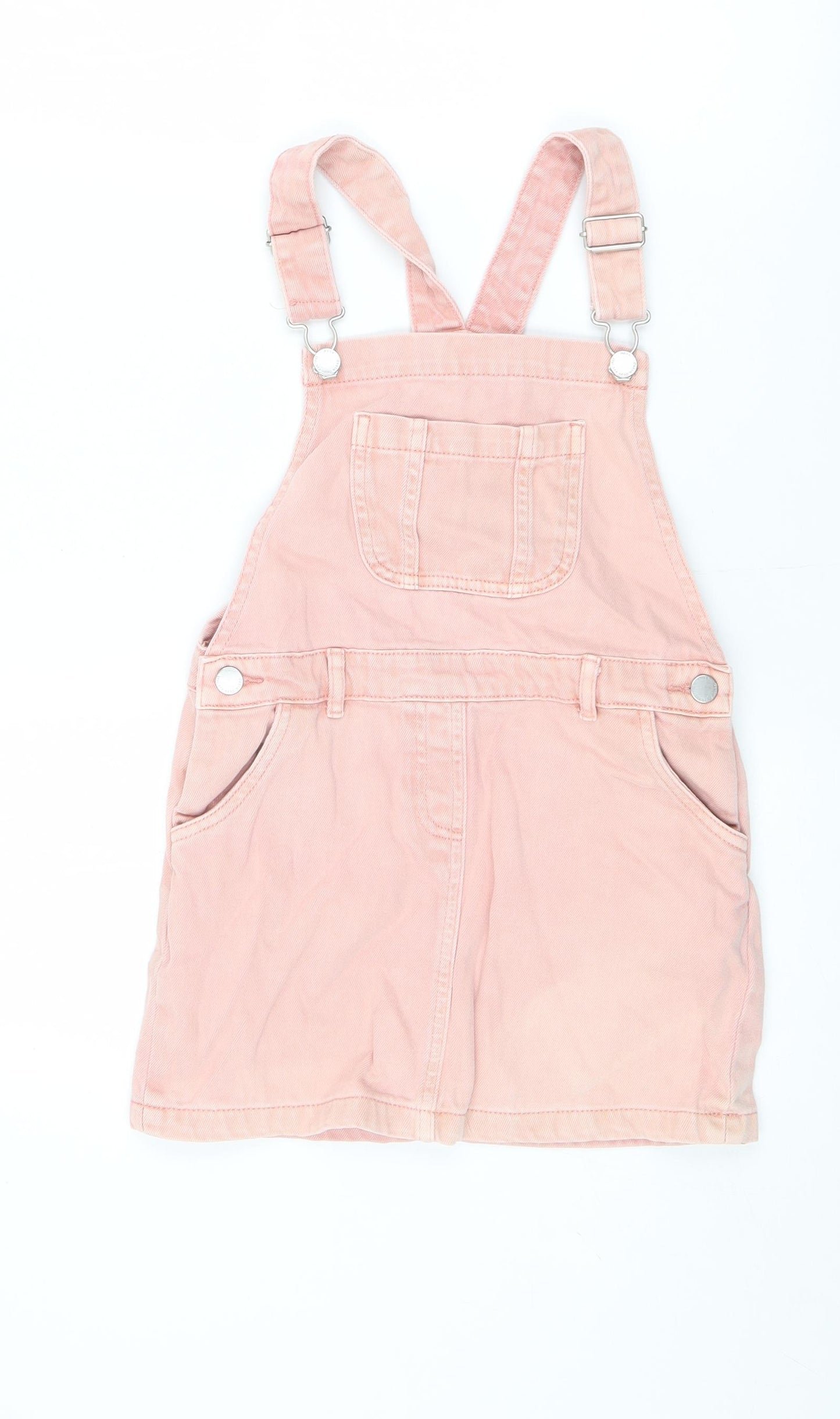 NEXT Girls Pink 100% Cotton Pinafore/Dungaree Dress Size 7 Years Square Neck Buckle