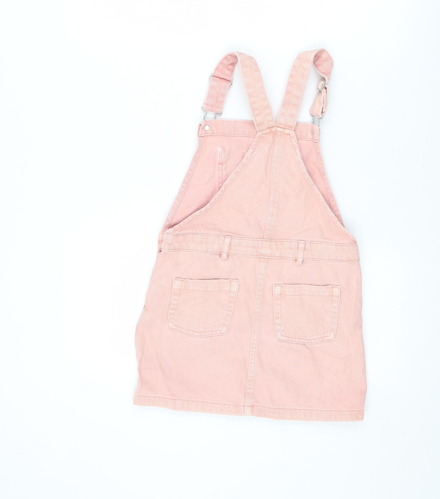 NEXT Girls Pink 100% Cotton Pinafore/Dungaree Dress Size 7 Years Square Neck Buckle