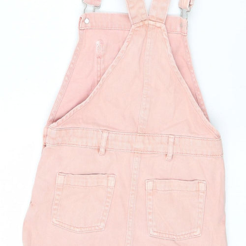 NEXT Girls Pink 100% Cotton Pinafore/Dungaree Dress Size 7 Years Square Neck Buckle
