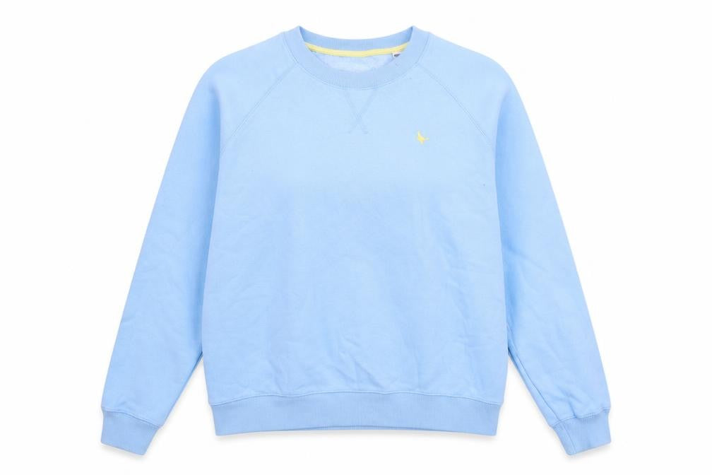 Front view of Jack Wills women’s blue cotton pullover sweatshirt, size UK 6, pullover