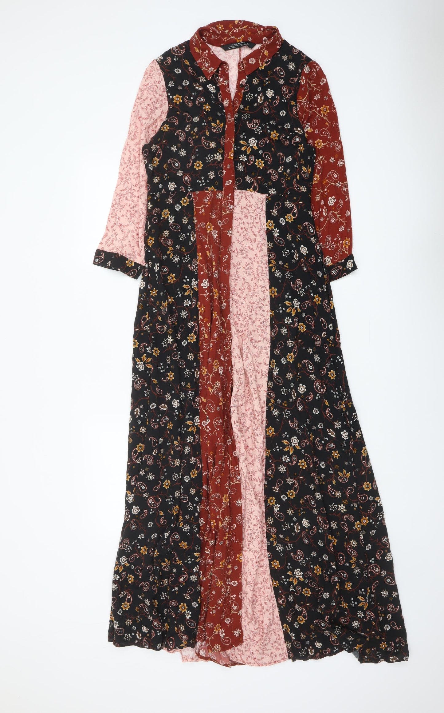 Zara Womens Multicoloured Floral Viscose Maxi Size S Collared Button
