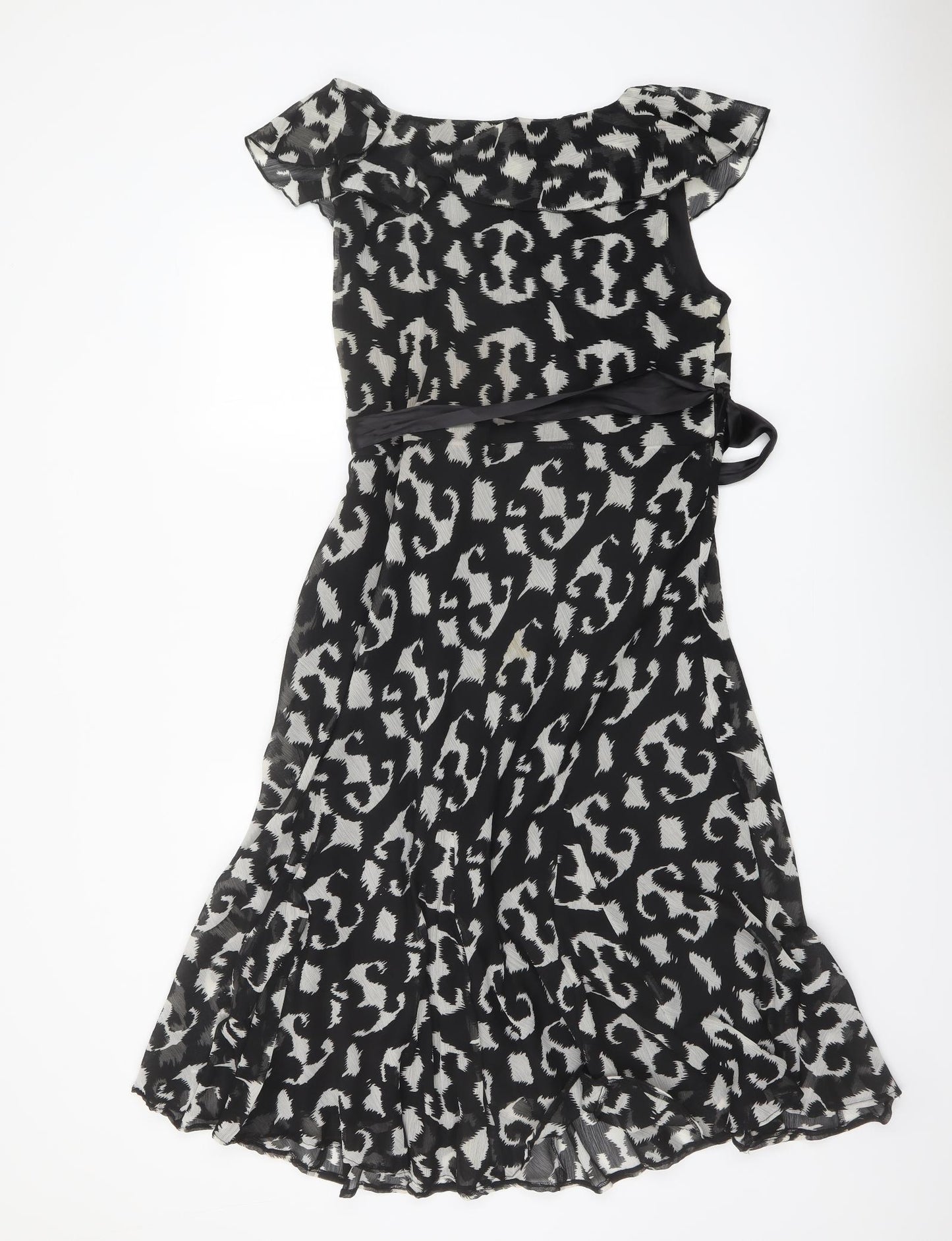 Klass Womens Black Geometric Polyester A-Line Size 14 Round Neck Pullover - Belted