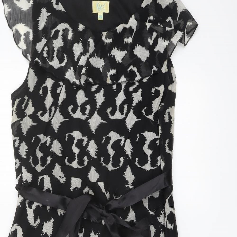 Klass Womens Black Geometric Polyester A-Line Size 14 Round Neck Pullover - Belted