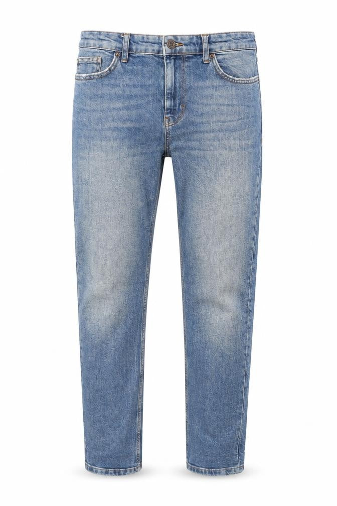 Front view of BDG men’s blue cotton straight jeans, size 32, in, 32-inch leg regular button