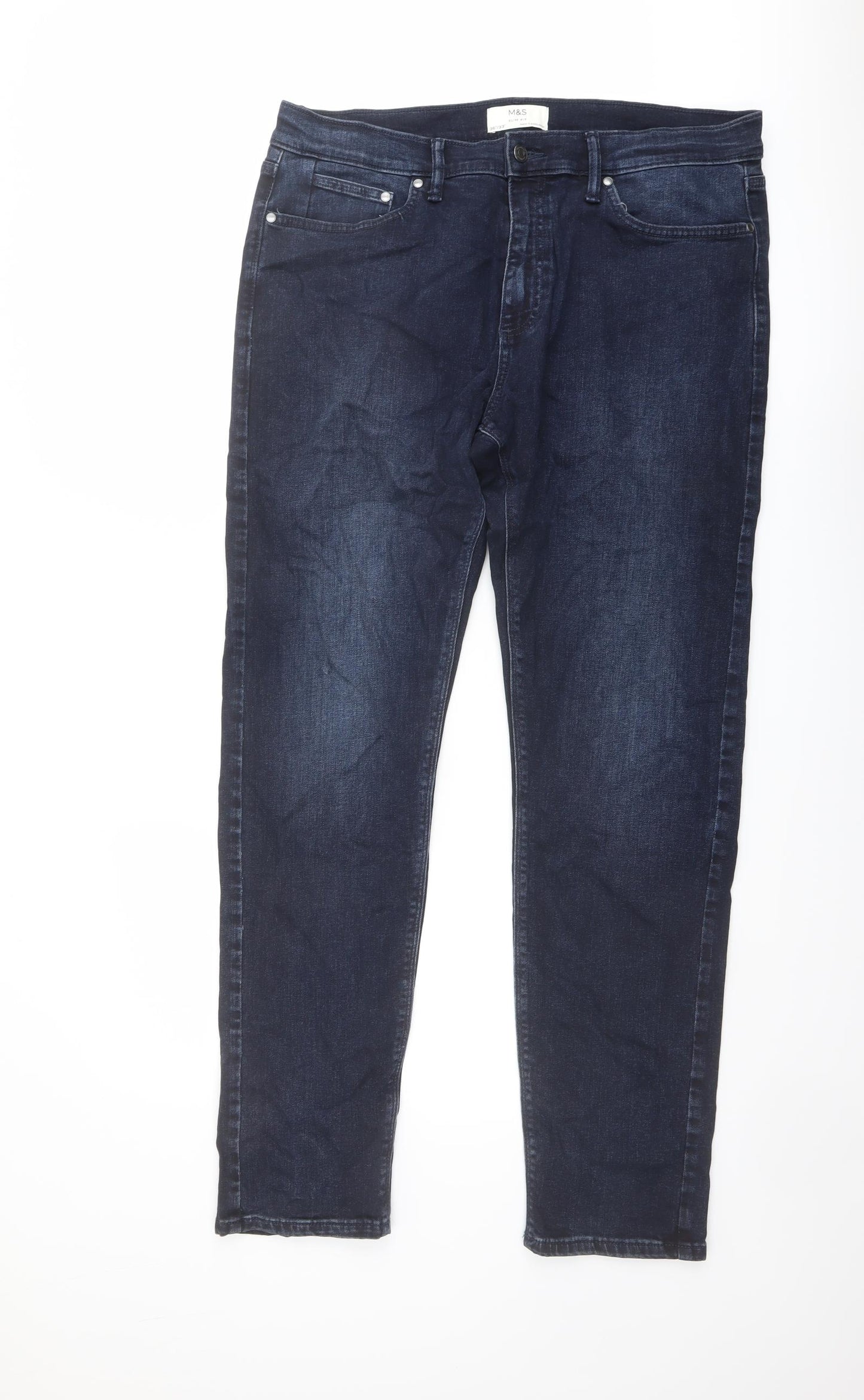 Marks and Spencer Mens Blue Cotton Straight Jeans Size 36 in L33 in Slim Button