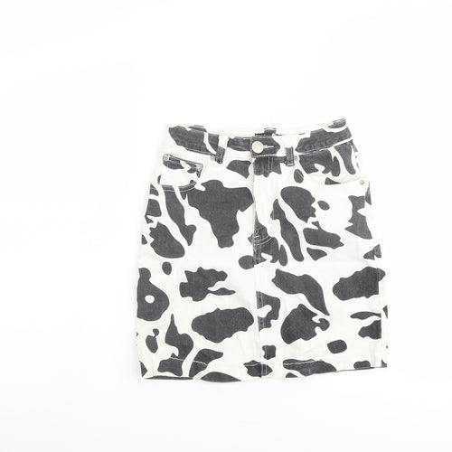 Boohoo Womens White Animal Print Cotton A-Line Skirt Size 6 Button - Cow pattern