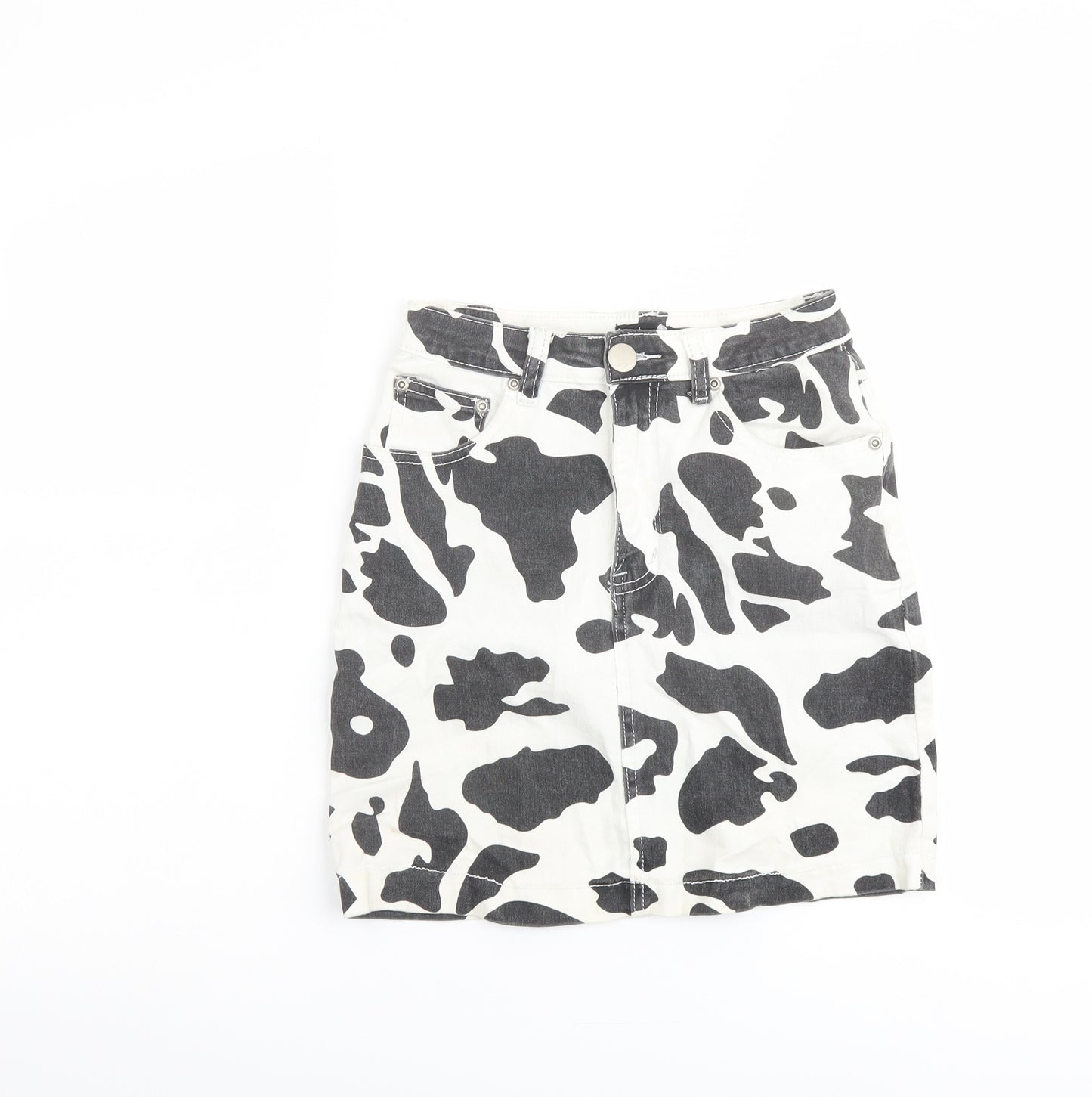 Boohoo Womens White Animal Print Cotton A-Line Skirt Size 6 Button - Cow pattern