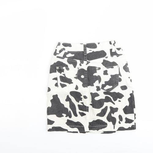 Boohoo Womens White Animal Print Cotton A-Line Skirt Size 6 Button - Cow pattern