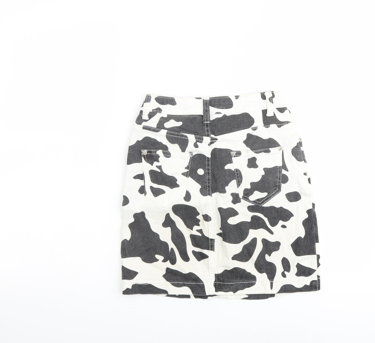 Boohoo Womens White Animal Print Cotton A-Line Skirt Size 6 Button - Cow pattern