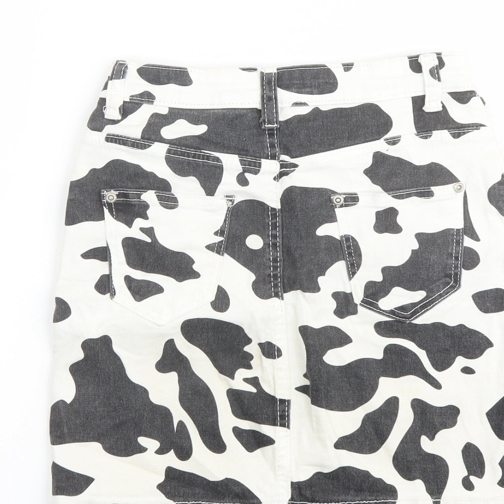 Boohoo Womens White Animal Print Cotton A-Line Skirt Size 6 Button - Cow pattern