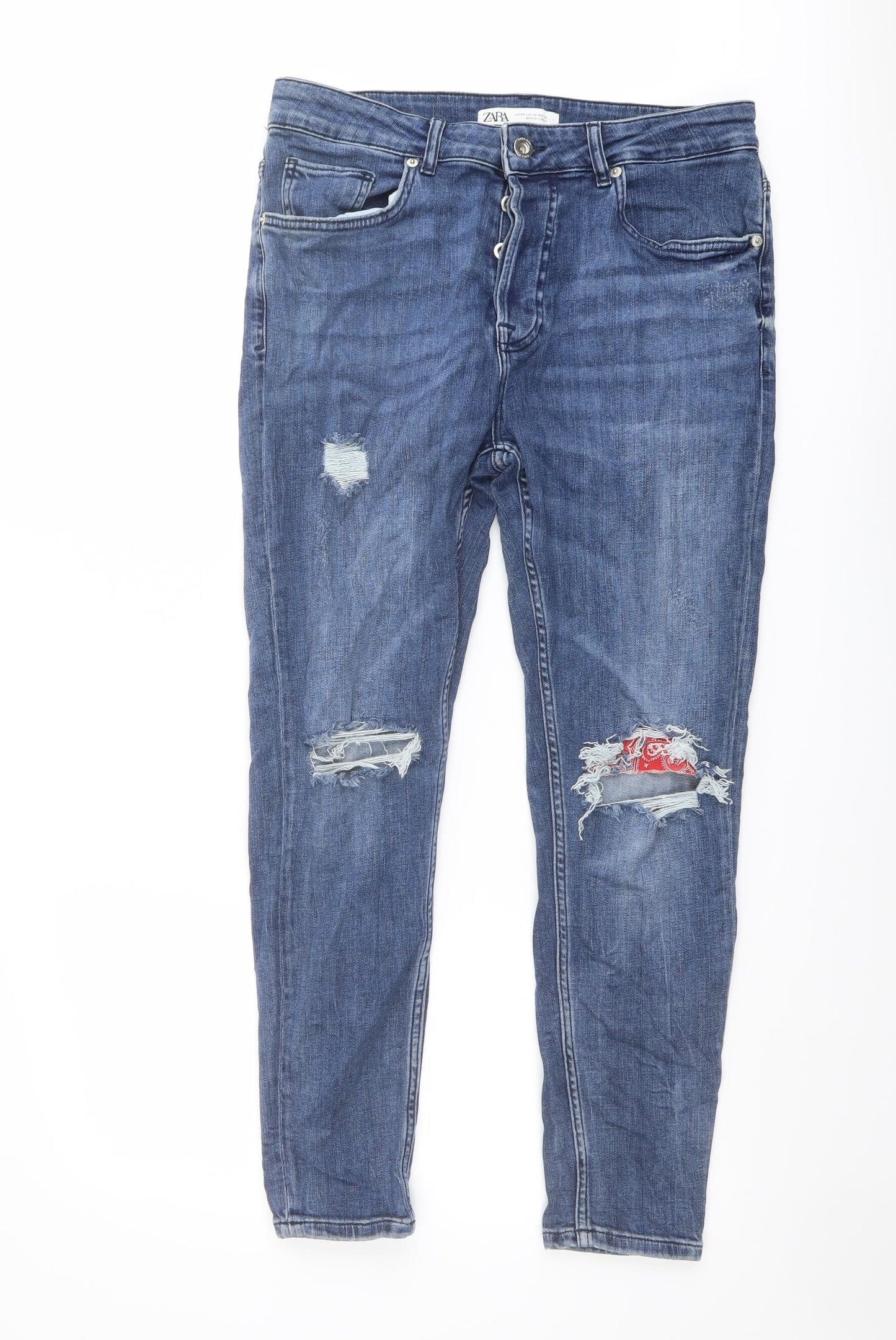 Zara Womens Blue Cotton Straight Jeans Size 14 L27 in Regular Button