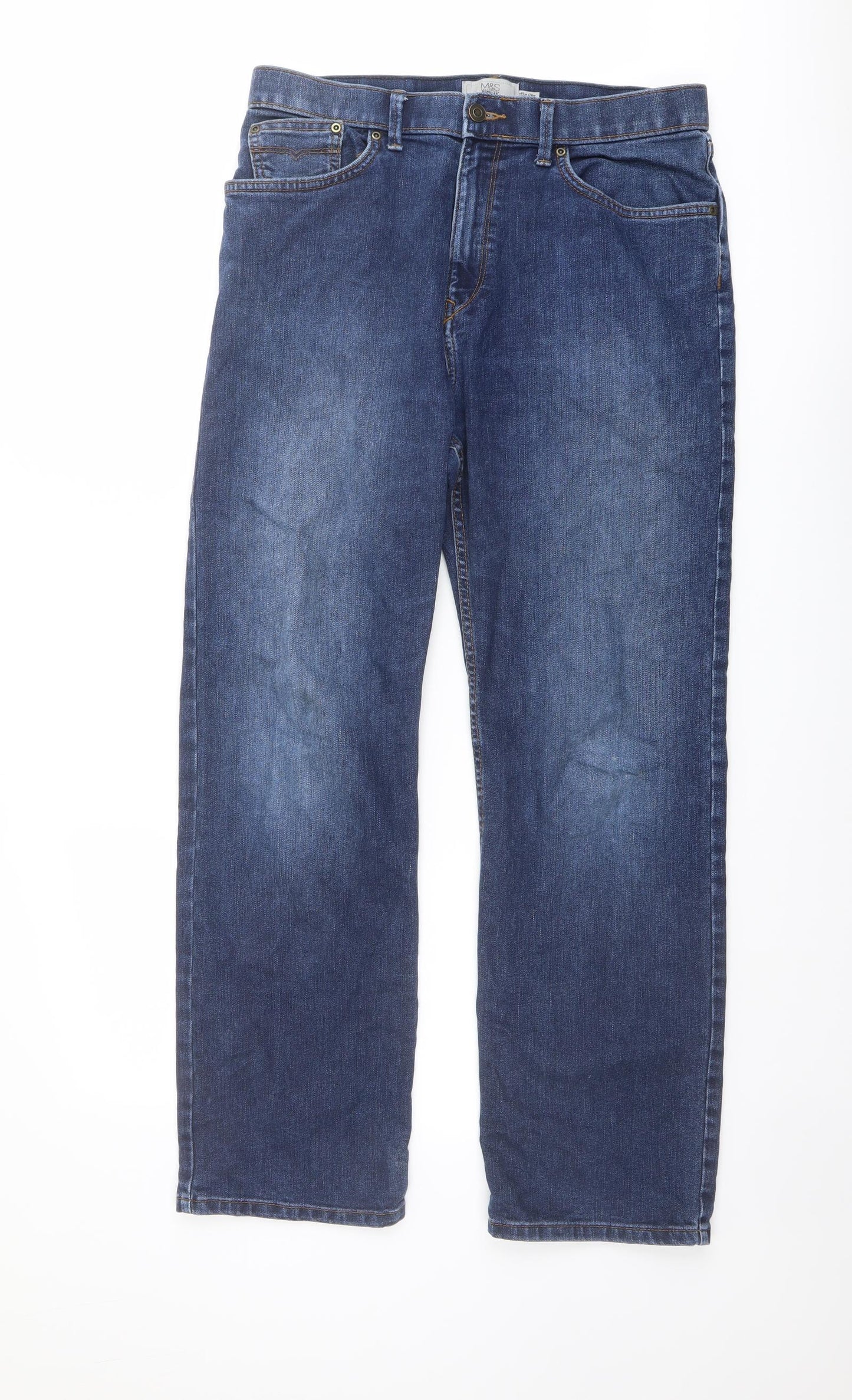 Marks and Spencer Mens Blue Cotton Straight Jeans Size 32 in L29 in Regular Button