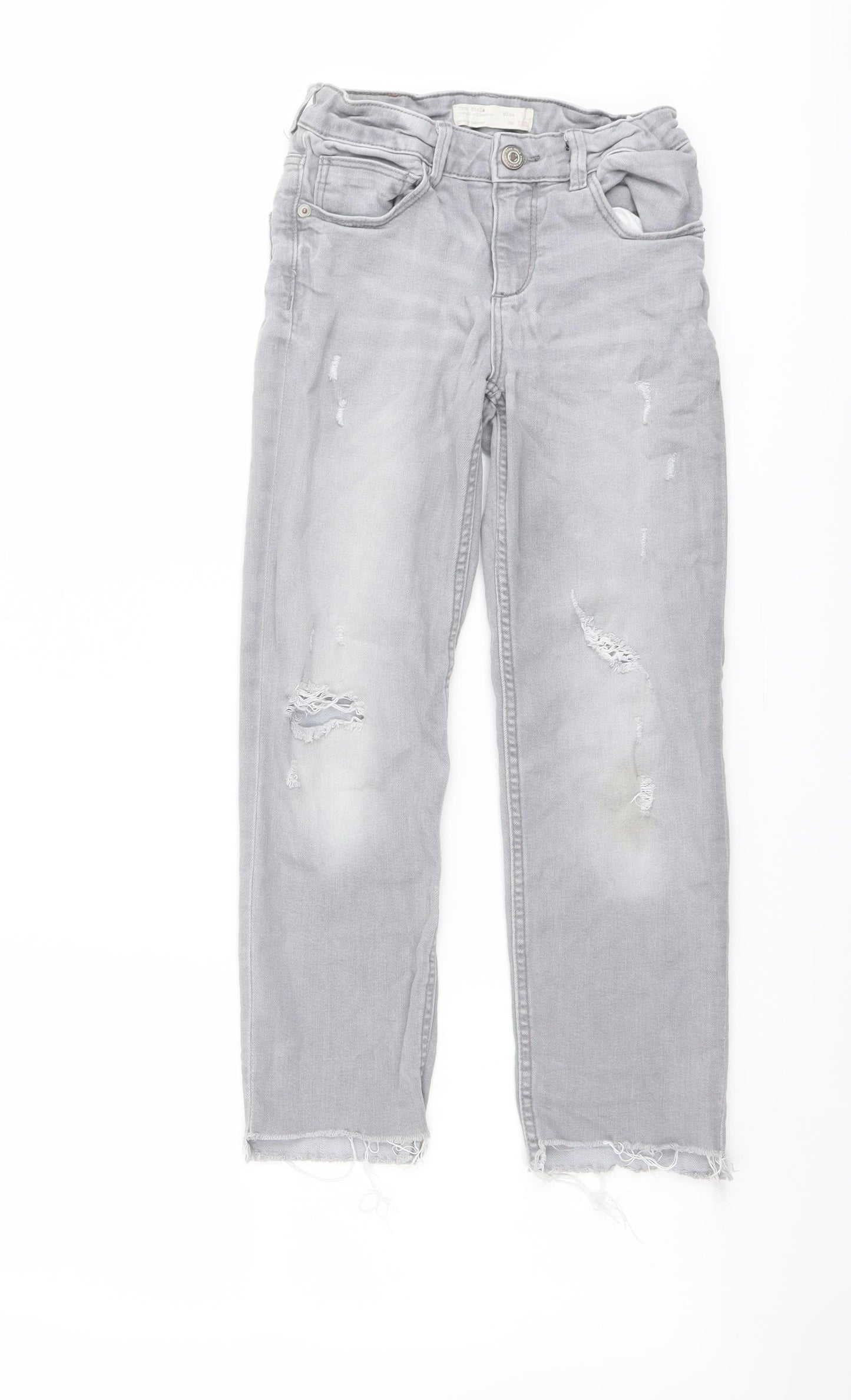 Zara Girls Grey Cotton Straight Jeans Size 8 Years Regular Button - Distressed Raw Hem