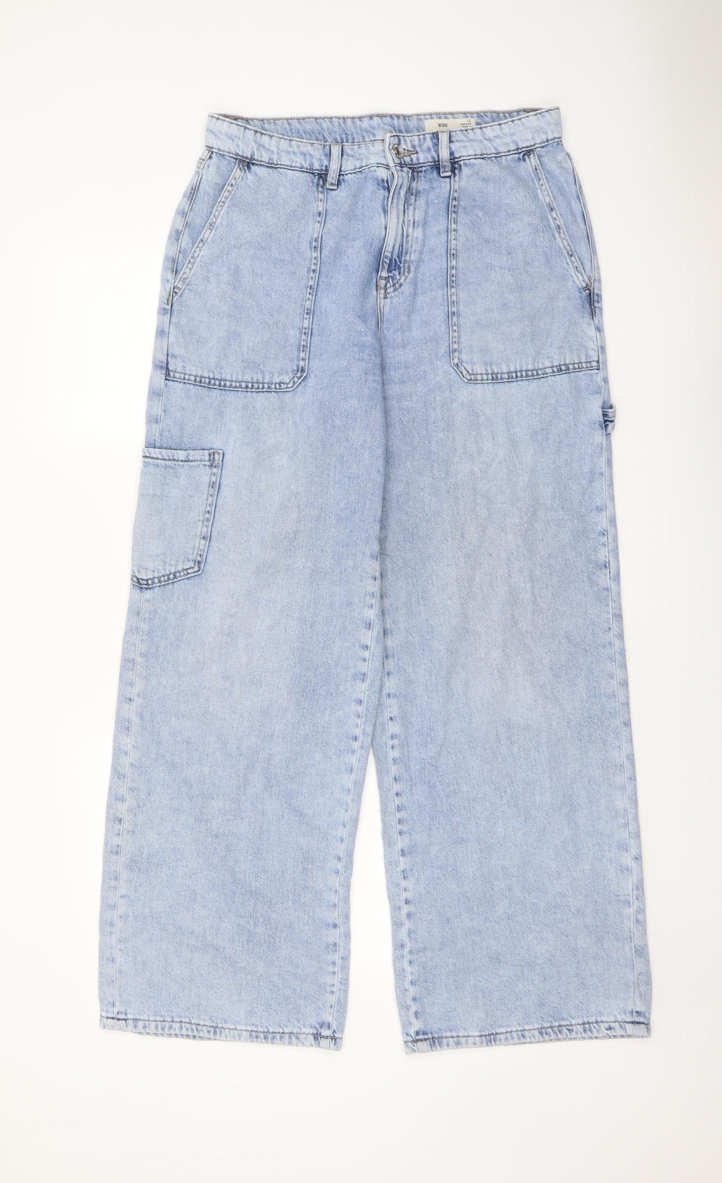 Marks and Spencer Womens Blue Cotton Wide-Leg Jeans Size 12 L30 in Regular Button