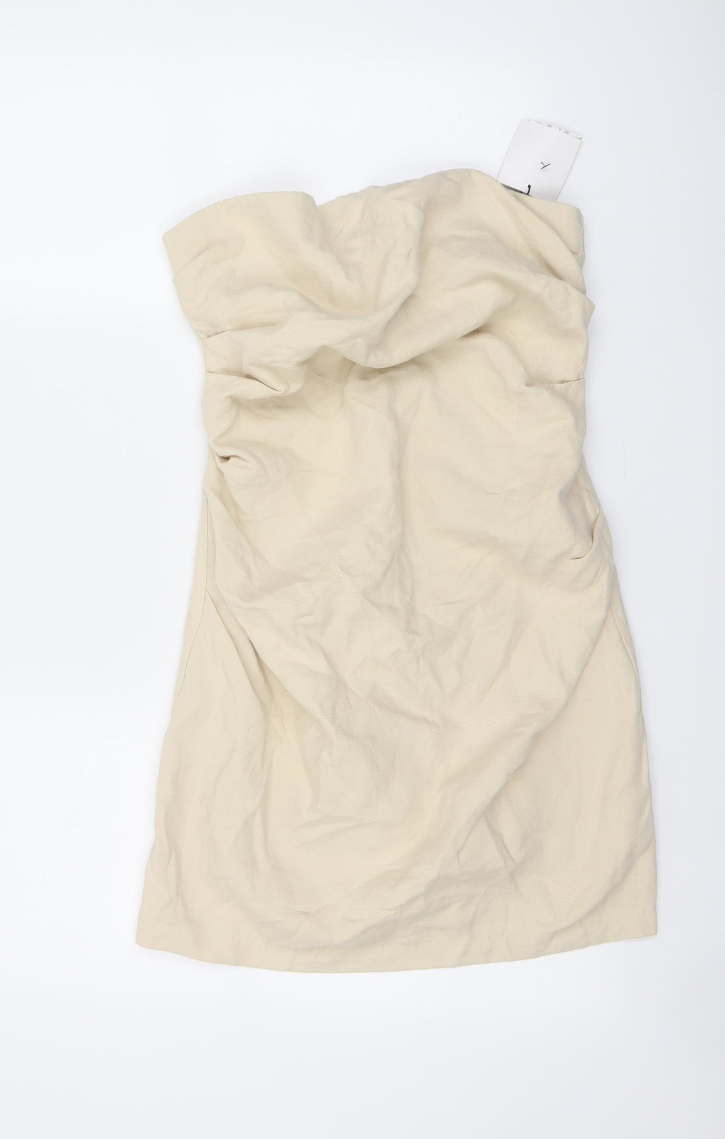 Zara Womens Beige Cotton Bodycon Size S Cowl Neck Zip