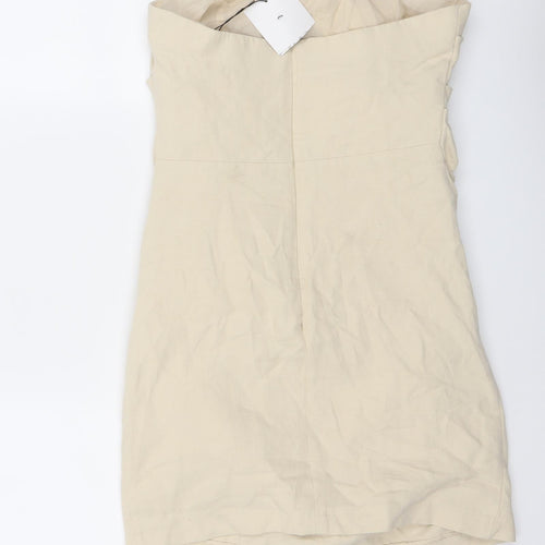 Zara Womens Beige Cotton Bodycon Size S Cowl Neck Zip