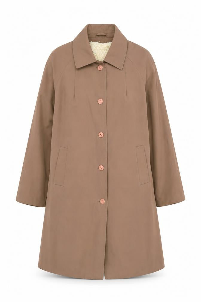 Front view of Sartor women’s beige overcoat coat one size button