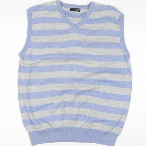 NEXT Mens Blue V-Neck Striped Cotton Vest Jumper Size L Sleeveless
