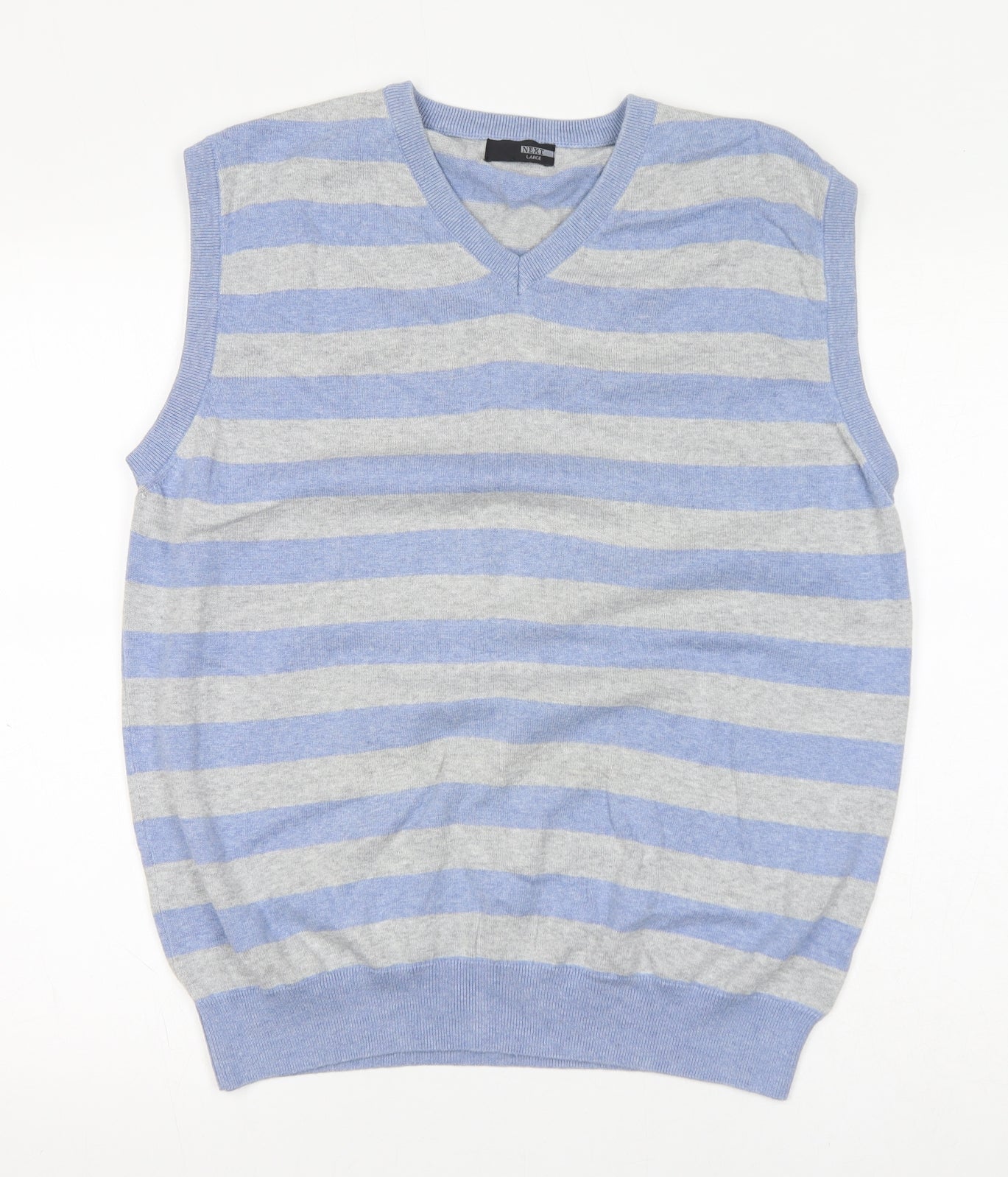 NEXT Mens Blue V-Neck Striped Cotton Vest Jumper Size L Sleeveless