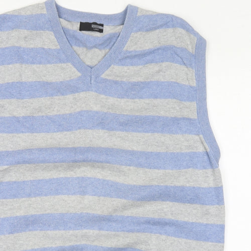 NEXT Mens Blue V-Neck Striped Cotton Vest Jumper Size L Sleeveless