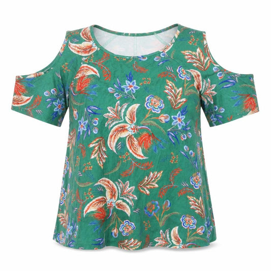 Front view of Next women’s green geometric viscose basic blouse, size UK 8, round neck - cold shoulder