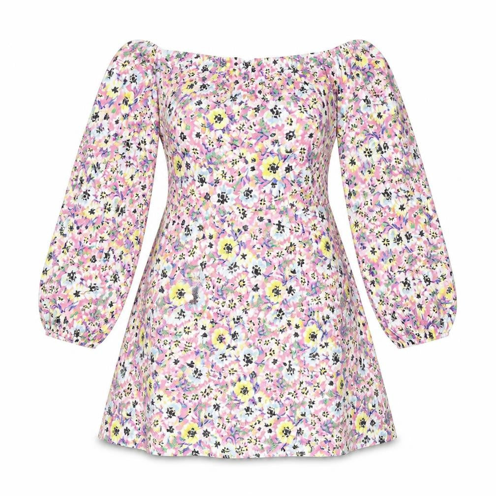 Front view of Divided by H&M women’s multicoloured floral polyester ball gown, size S, off the shoulder pullover