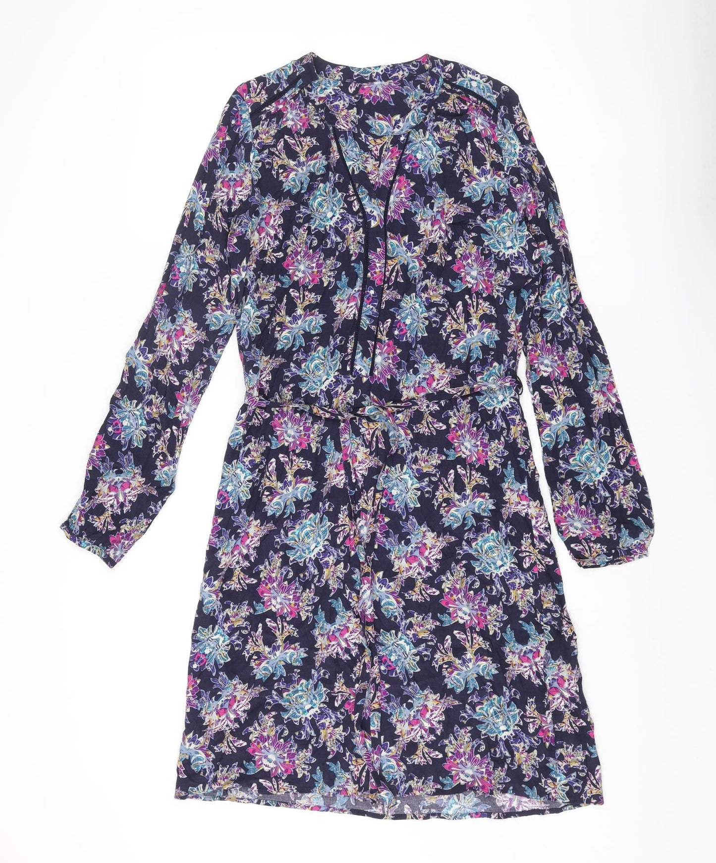Marks and Spencer Womens Multicoloured Geometric Viscose A-Line Size 10 V-Neck Button - Belted