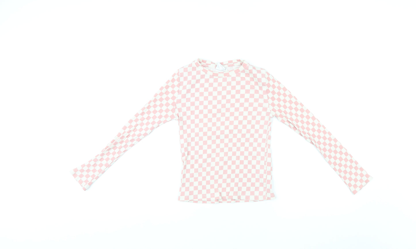 Zara Girls Pink Check Polyester Basic T-Shirt Size 10 Years Round Neck Pullover - Ribbed