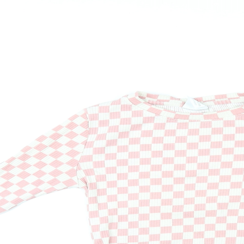 Zara Girls Pink Check Polyester Basic T-Shirt Size 10 Years Round Neck Pullover - Ribbed
