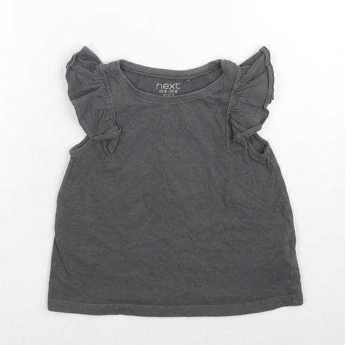 NEXT Girls Grey Cotton Basic T-Shirt Size 2-3 Years Round Neck Pullover - Ruffle Sleeve