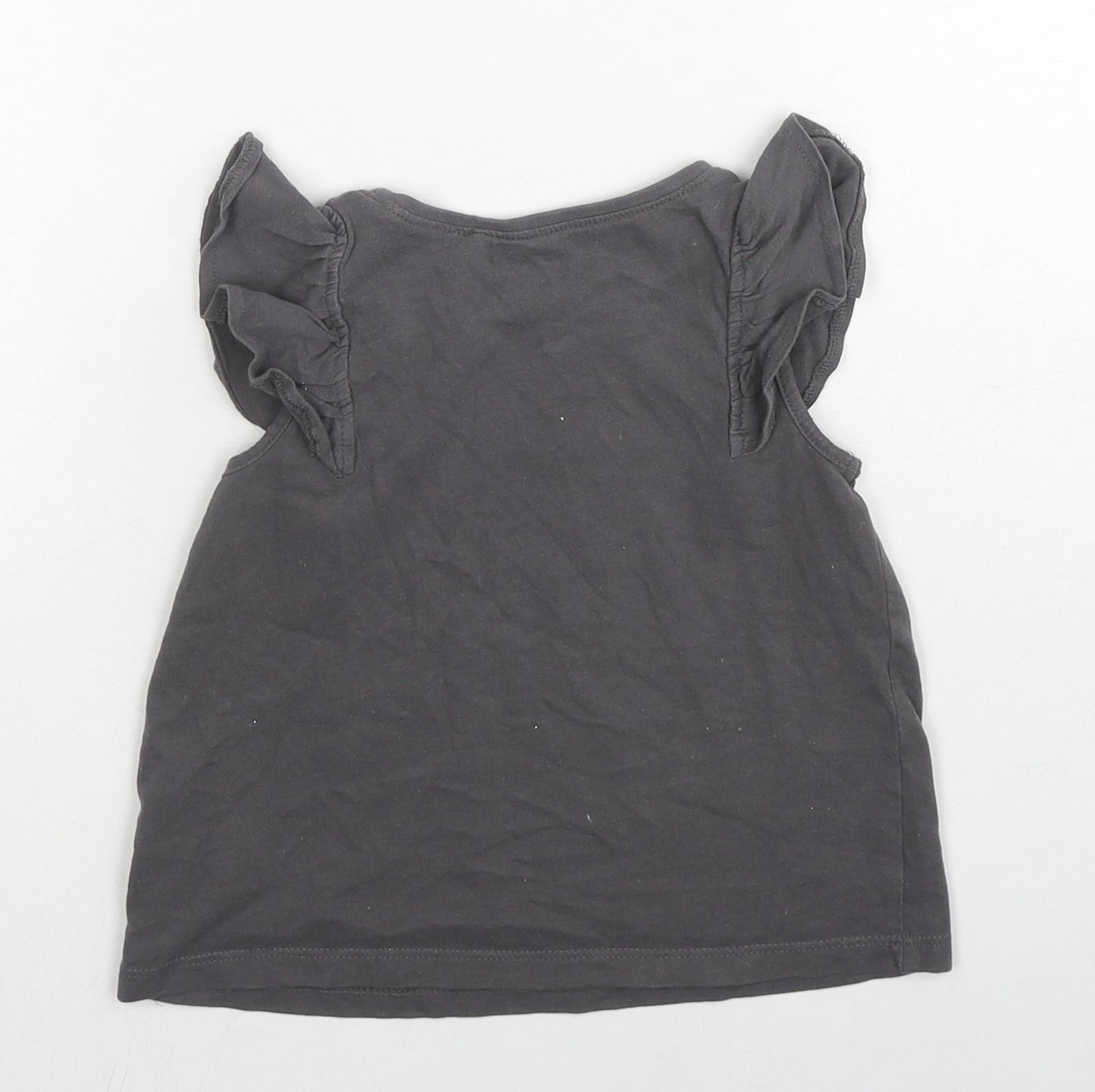 NEXT Girls Grey Cotton Basic T-Shirt Size 2-3 Years Round Neck Pullover - Ruffle Sleeve