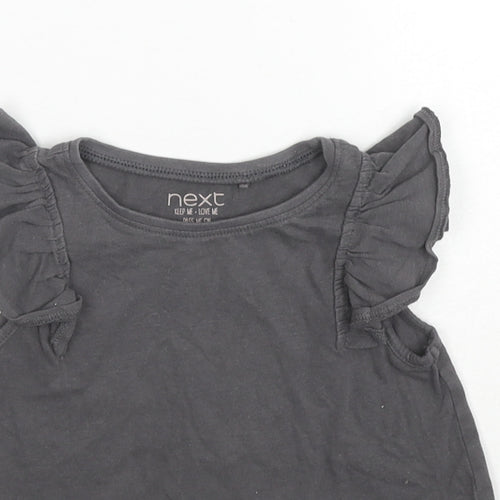 NEXT Girls Grey Cotton Basic T-Shirt Size 2-3 Years Round Neck Pullover - Ruffle Sleeve