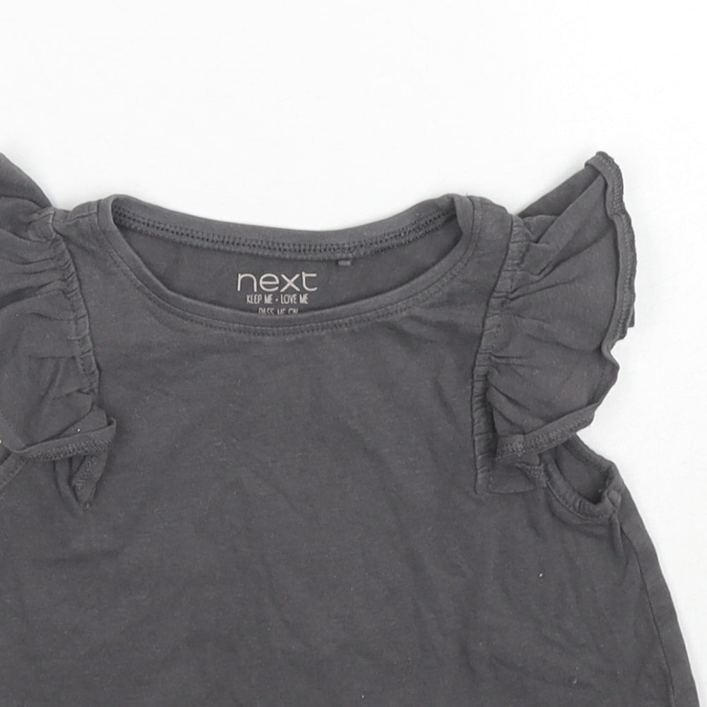 NEXT Girls Grey Cotton Basic T-Shirt Size 2-3 Years Round Neck Pullover - Ruffle Sleeve