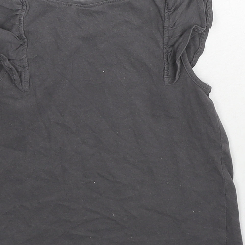 NEXT Girls Grey Cotton Basic T-Shirt Size 2-3 Years Round Neck Pullover - Ruffle Sleeve