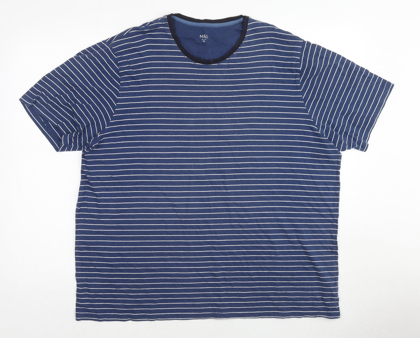 Marks and Spencer Mens Blue Striped Cotton T-Shirt Size XL Crew Neck