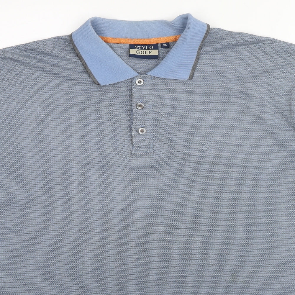 Stylo Mens Blue Geometric Cotton Polo Size XL Collared Button