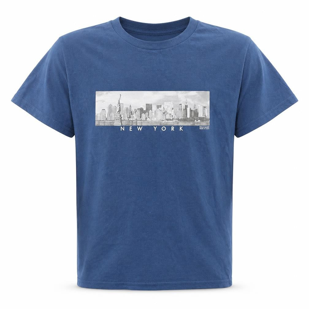 Front view of Delta boys’ blue cotton basic t-shirt, size S, crew neck pullover - new york skyline
