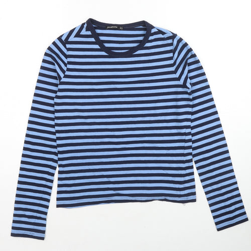 Stradivarius Womens Blue Striped Cotton Basic T-Shirt Size M Round Neck