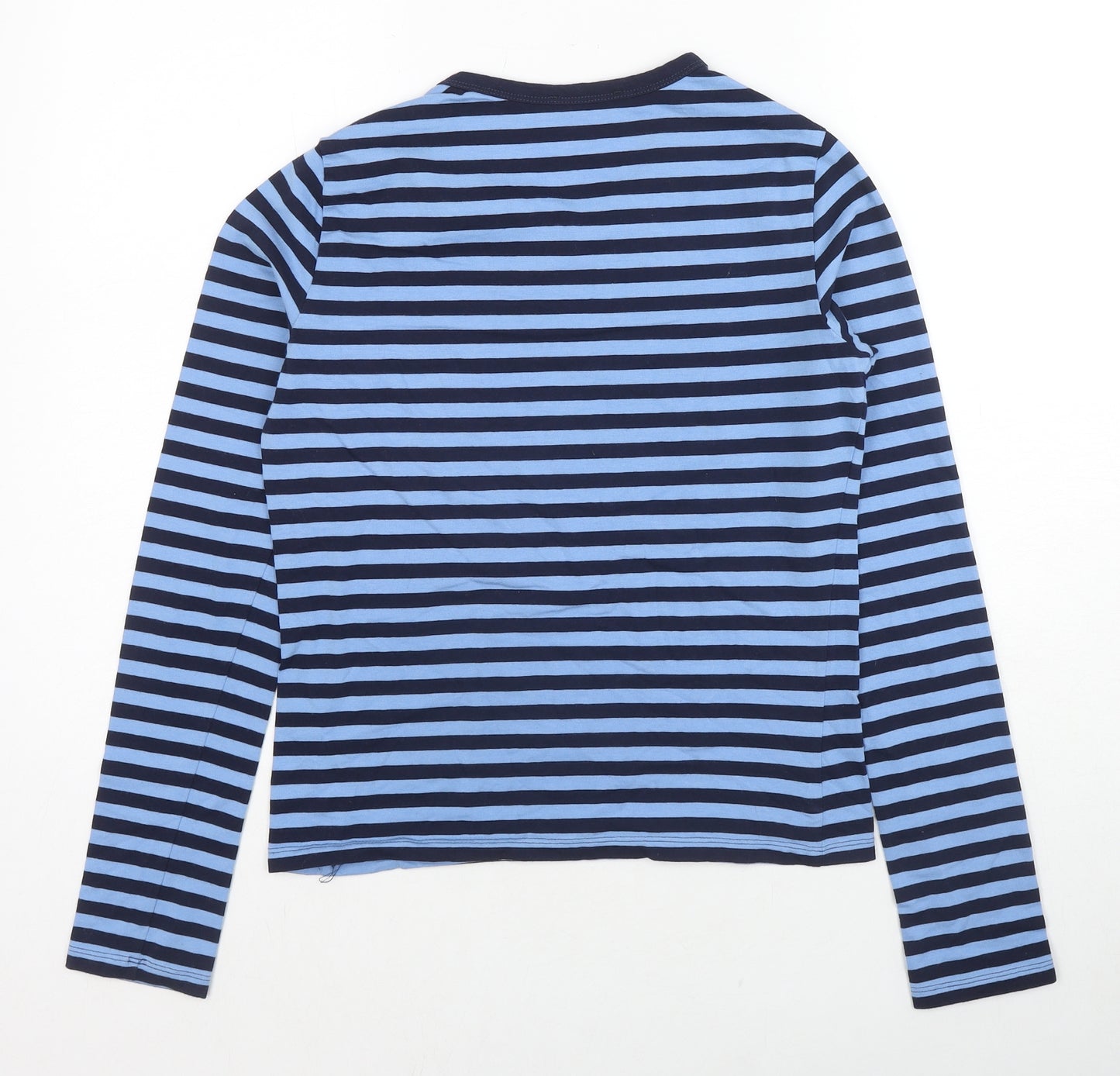 Stradivarius Womens Blue Striped Cotton Basic T-Shirt Size M Round Neck