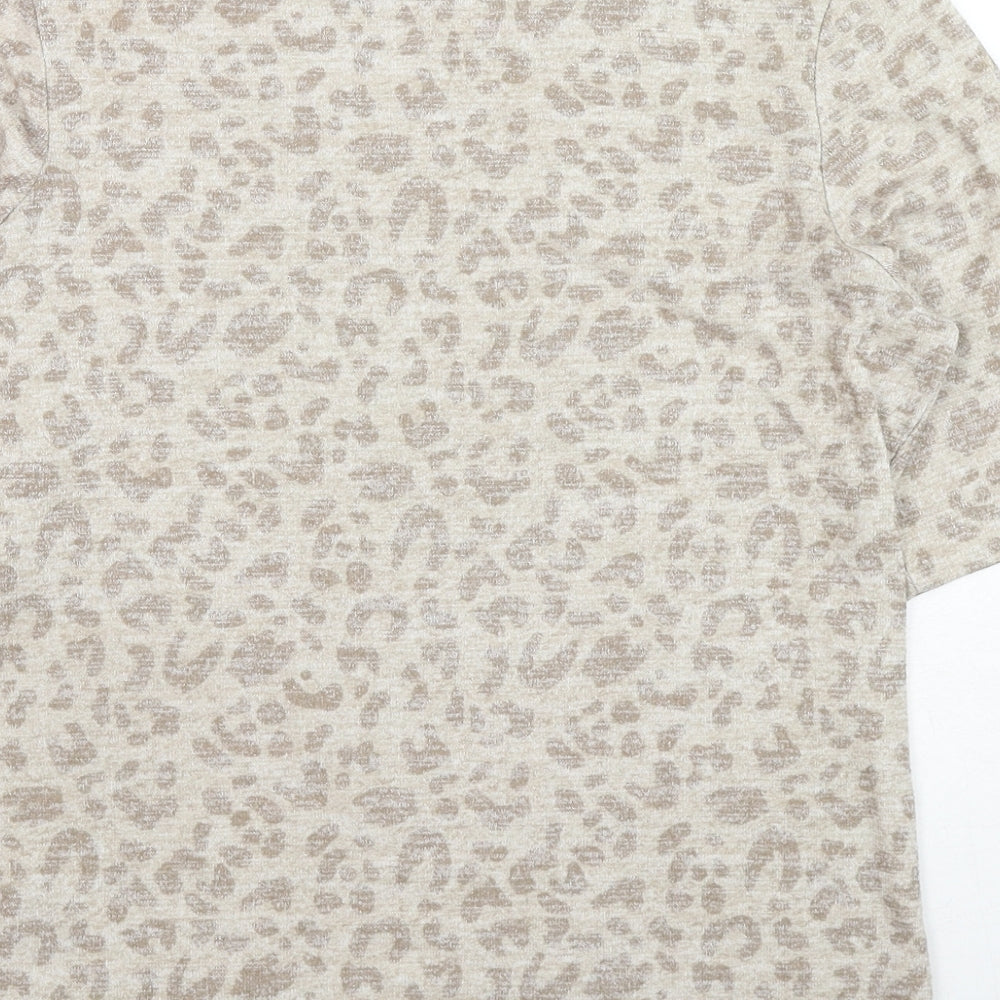 Marks and Spencer Womens Beige Animal Print Viscose Basic T-Shirt Size 12 Mock Neck - Leopard Print