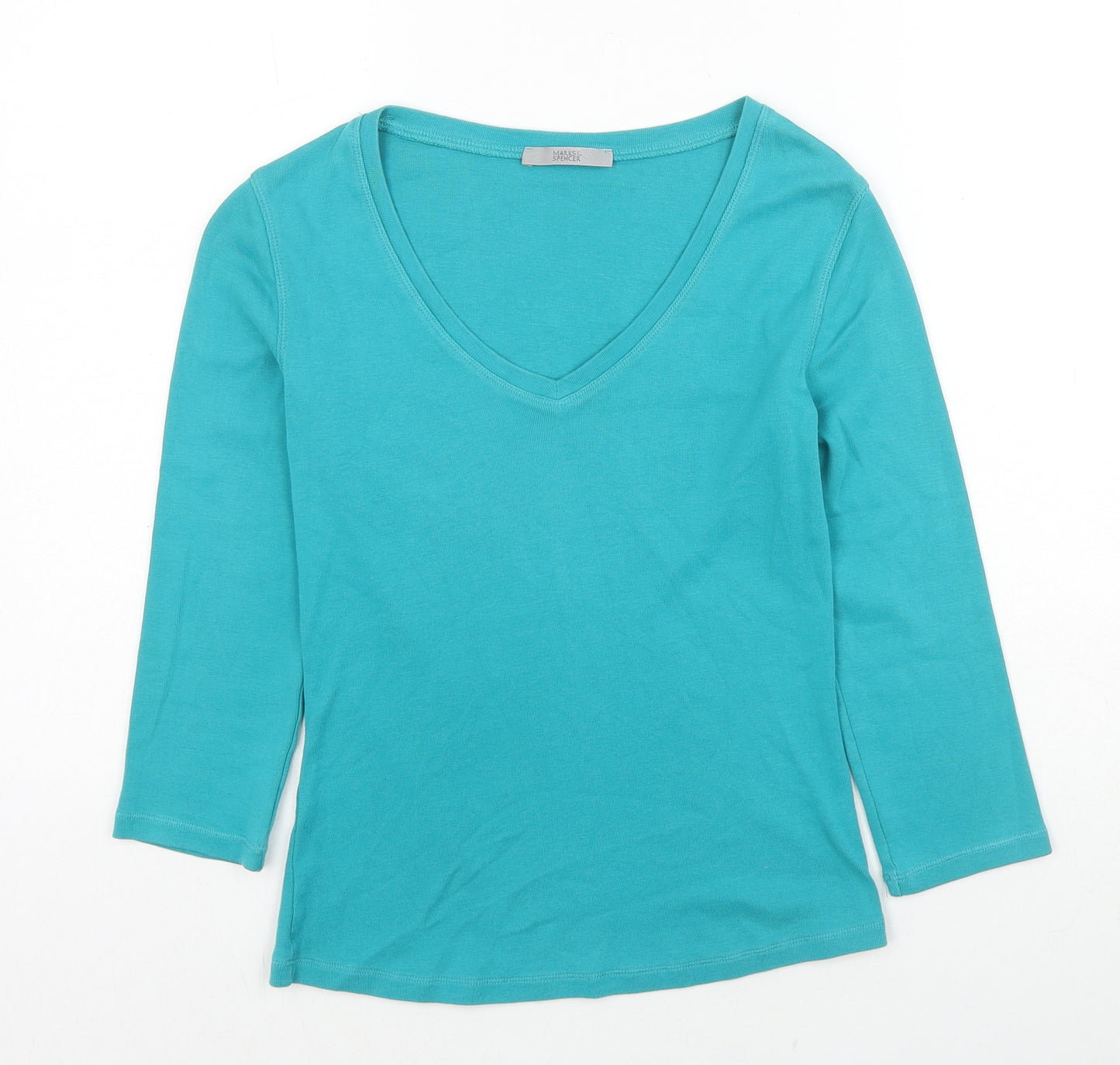 Marks and Spencer Womens Blue Cotton Basic T-Shirt Size 8 V-Neck
