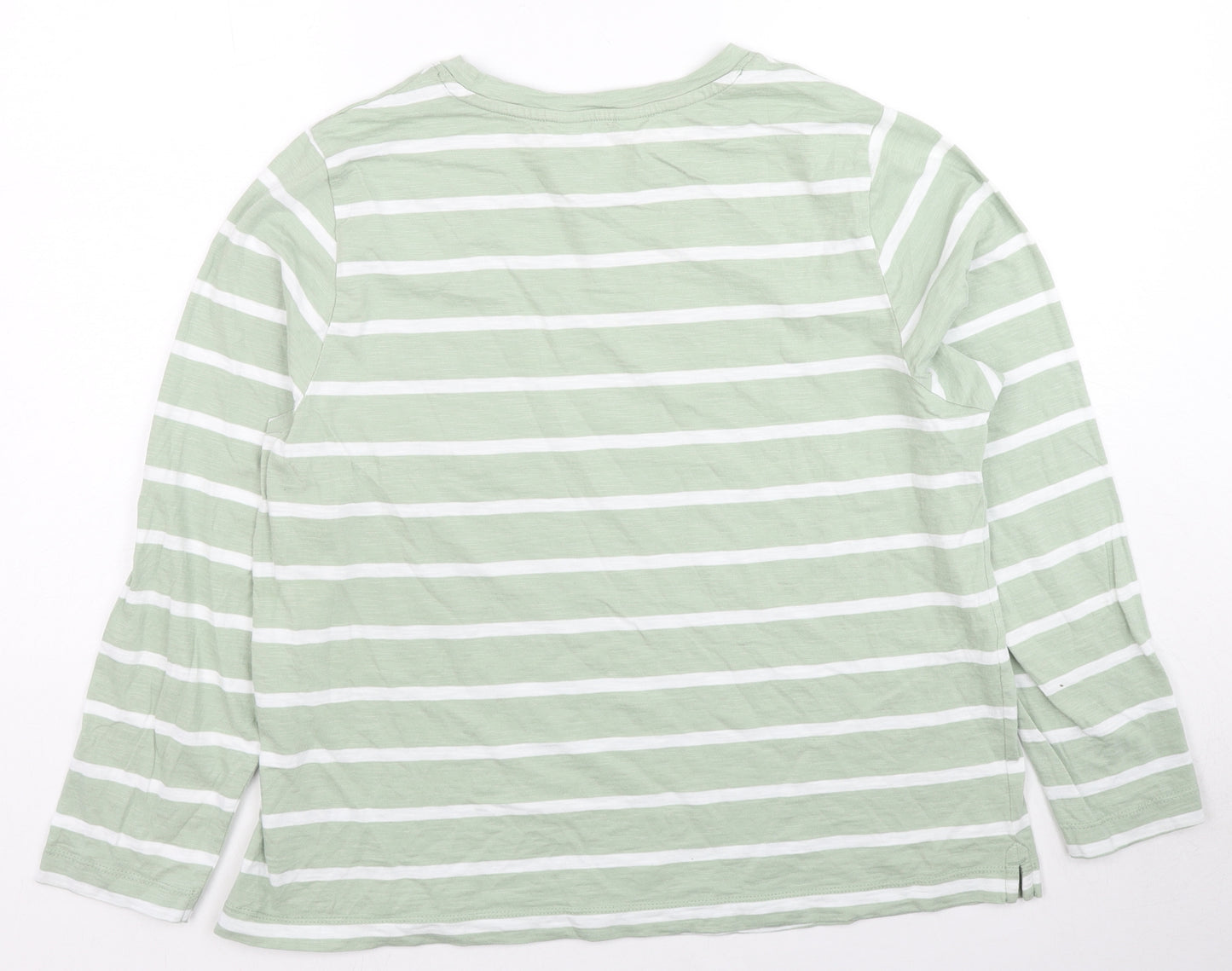 Marks and Spencer Womens Green Striped Cotton Basic T-Shirt Size 16 Round Neck