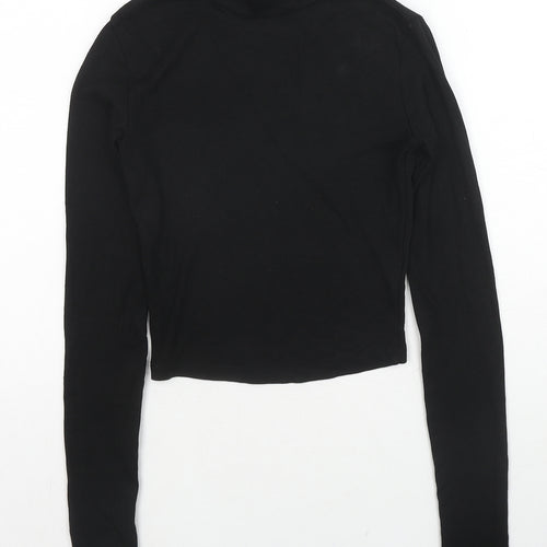 Bershka Womens Black Cotton Basic T-Shirt Size XS High Neck
