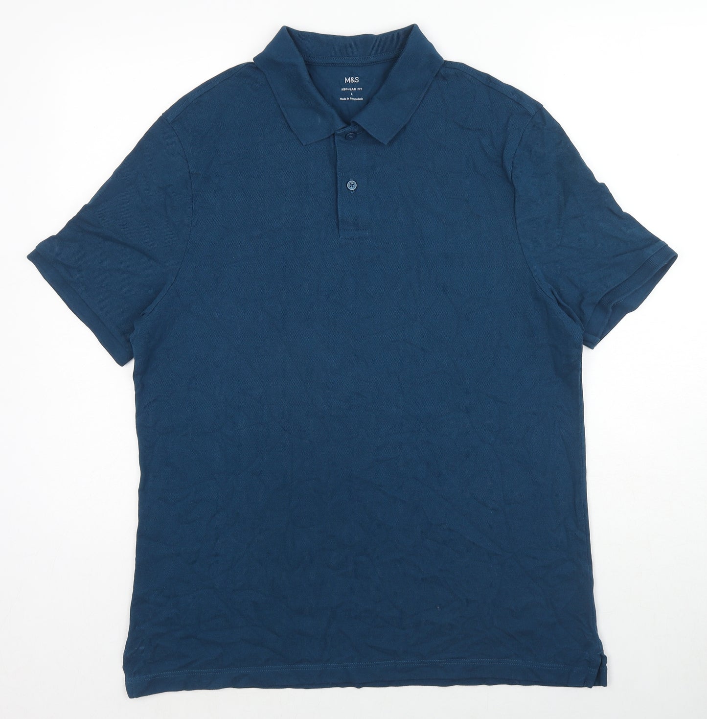 Marks and Spencer Mens Blue Cotton Polo Size L Collared Button