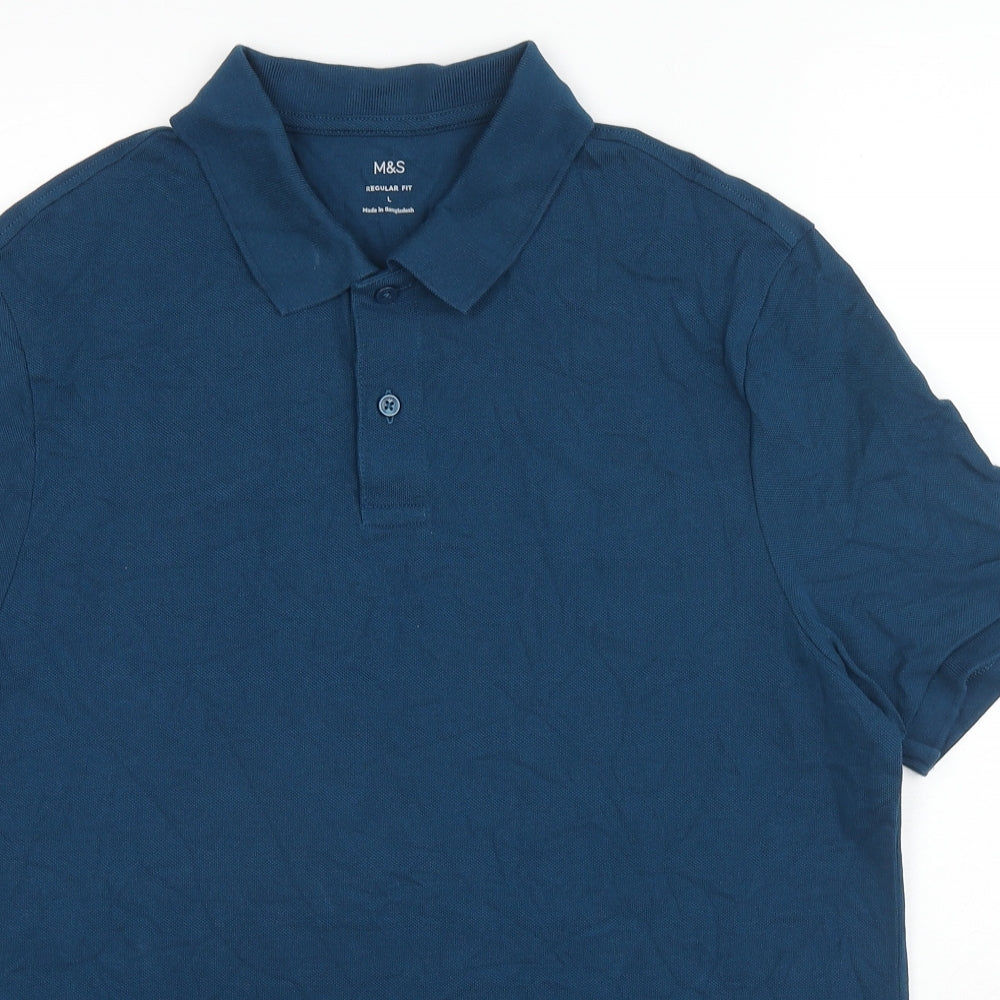 Marks and Spencer Mens Blue Cotton Polo Size L Collared Button